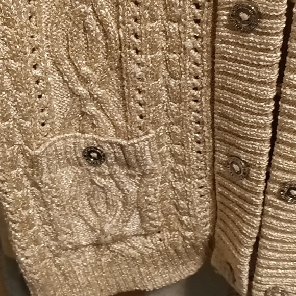 FINAL PRICE WHITE HOUSE BLACK MARKET tan/taupe braided sweater w shimmers Lrg - Picture 10 of 13